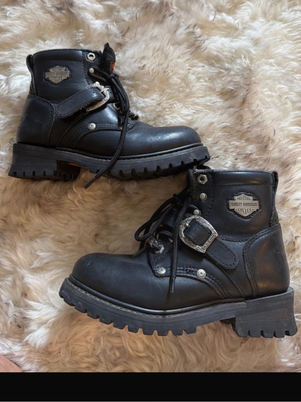 Harley-Davidson Black Leather Kids Lace-Up Moto Boots with Buckle
